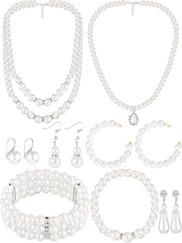 BBTO 8 Pcs Pearl Necklace and Earrings Set for Women Pearl Jewelry Set Faux Pearl Necklace Earrings Simulated Pearl Bracelets(Modern Style) in Saudi Arabia