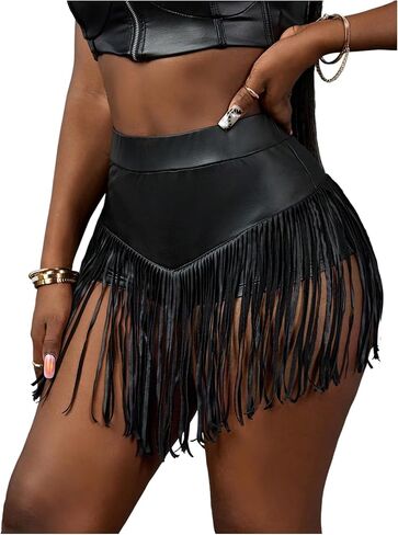 SOLY HUX Women's Fringe PU Leather Mini Shorts High Waisted Going Out Shorts Party Concert Clubwear in Saudi Arabia