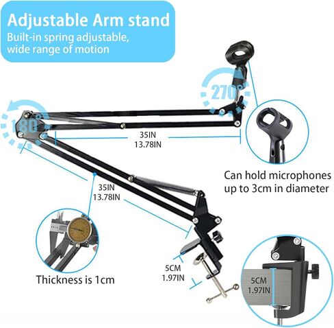 Desktop arm microphone stand, upgraded adjustable desktop microphone stand with spring microphone clip for microphones (up to 1.96 "diameter) games, guitars,YouTube live, etc in Kuwait