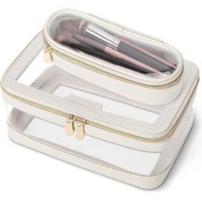 Travel Clear Makeup Bag with Makeup Brush Bag, Leather Make up Case Toiletry Bag, Portable Cosmetic Bag Case, Transparent Waterproof Cosmetic Organizer Storage Bag for Women, Off-White in Kuwait