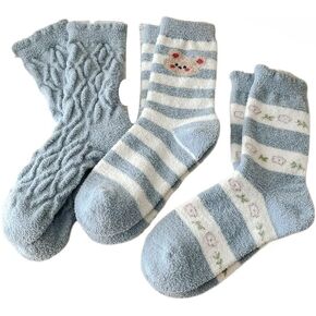 Kelabia 3 Pair Winter Bear Floral Fuzzy Socks, Thick Fluffy Thermal Sleeping Slipper Cute Socks Stocking Fall Clothes Stuff in Saudi Arabia