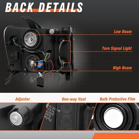 Headlights Assembly for 2007 2008 2009 2010 2011 2012 2013 2014 Sierra / 07-13 GMC Sierra 1500/07-14 GMC Sierra 2500HD 3500HD Chrome Housing Amber Reflector Replacement LH+RH in Kuwait