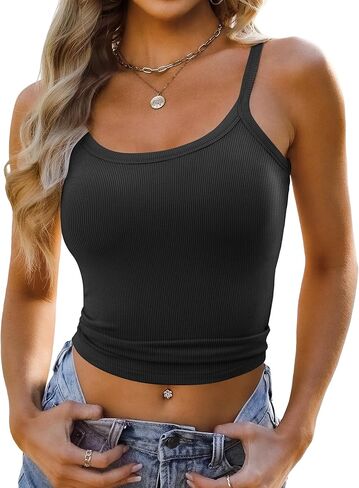 Ribbed Tank Tops for Women 2025 Spaghetti Strap Scoop Neck Slim Fitted Basic Sleeveless Casual Workout Cami Shirts in Kuwait