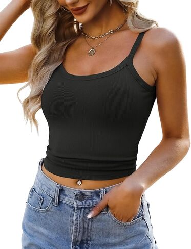 Ribbed Tank Tops for Women 2025 Spaghetti Strap Scoop Neck Slim Fitted Basic Sleeveless Casual Workout Cami Shirts in Kuwait
