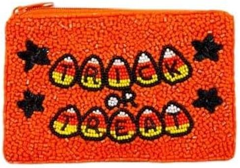 Handmade Trick and Treat Orange and Black Halloween Beaded Coin Purse Unique Spooky Design in Saudi Arabia