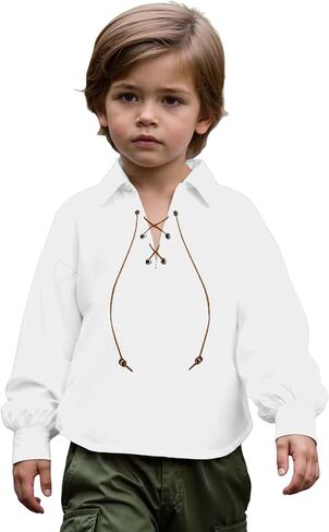Renaissance Shirt for Teen Girls Boys Vintage Medieval Pirate Tshirts Kids Cotton Linen Long Sleeve V-Neck Performance Tops in Saudi Arabia