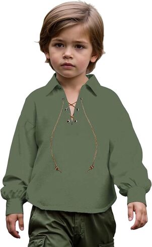Renaissance Shirt for Teen Girls Boys Vintage Medieval Pirate Tshirts Kids Cotton Linen Long Sleeve V-Neck Performance Tops in Saudi Arabia