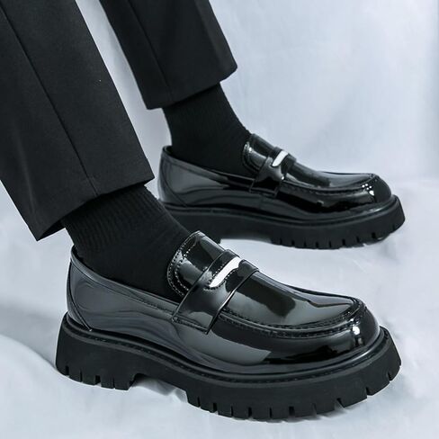 Men's Fashion Chunky Platform Penny Loafers Luxury Round Toe Slip-On Dress Shoes with Non-Slip Lug Sole for Business Work and Daily Casual Wear in Kuwait