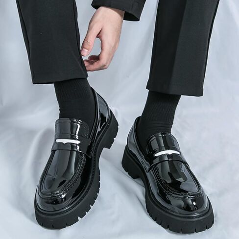Men's Fashion Chunky Platform Penny Loafers Luxury Round Toe Slip-On Dress Shoes with Non-Slip Lug Sole for Business Work and Daily Casual Wear in Kuwait