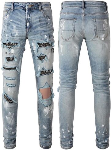 Mens Crystals Patched Jeans Skinny Splash Stretch Slim Distressed Ripped Graffiti Painted Rhinestone Stacked Pants in Saudi Arabia