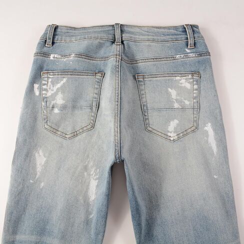 Mens Crystals Patched Jeans Skinny Splash Stretch Slim Distressed Ripped Graffiti Painted Rhinestone Stacked Pants in Saudi Arabia