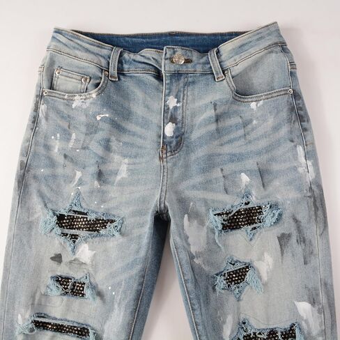 Mens Crystals Patched Jeans Skinny Splash Stretch Slim Distressed Ripped Graffiti Painted Rhinestone Stacked Pants in Saudi Arabia