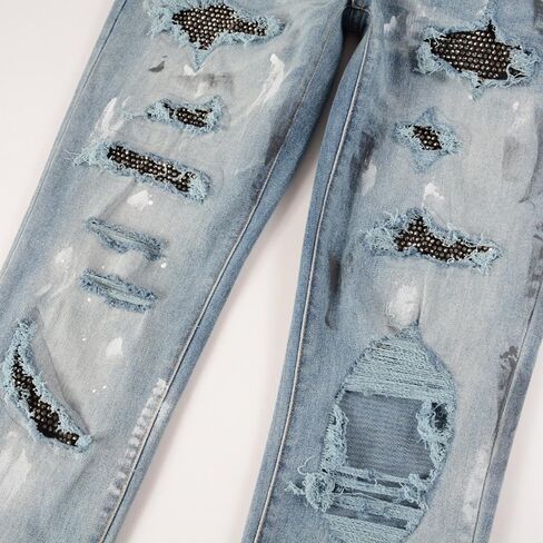 Mens Crystals Patched Jeans Skinny Splash Stretch Slim Distressed Ripped Graffiti Painted Rhinestone Stacked Pants in Saudi Arabia