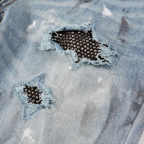 Mens Crystals Patched Jeans Skinny Splash Stretch Slim Distressed Ripped Graffiti Painted Rhinestone Stacked Pants in Saudi Arabia