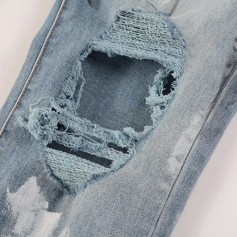 Mens Crystals Patched Jeans Skinny Splash Stretch Slim Distressed Ripped Graffiti Painted Rhinestone Stacked Pants in Saudi Arabia