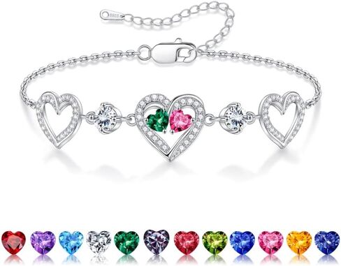 أساور Iefil Birthstone للنساء - 925 Sterling Silver Rose Heart Birthstone Bracelet Anniversary Gifts for Hom in Kuwait