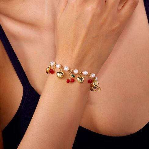 Cute 3d Dainty Strawberry Link Women'S Pearl Beaded Bracelet Adjustable Summer Fruit Bracelet Fashion Charm Jewelry in Saudi Arabia