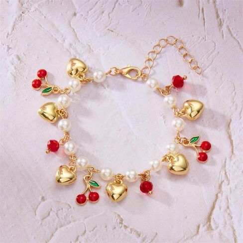 Cute 3d Dainty Strawberry Link Women'S Pearl Beaded Bracelet Adjustable Summer Fruit Bracelet Fashion Charm Jewelry in Saudi Arabia