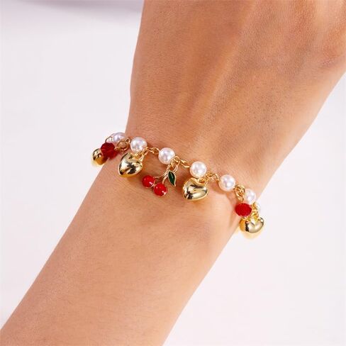 Cute 3d Dainty Strawberry Link Women'S Pearl Beaded Bracelet Adjustable Summer Fruit Bracelet Fashion Charm Jewelry in Saudi Arabia