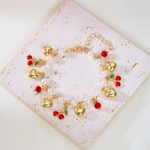 Cute 3d Dainty Strawberry Link Women'S Pearl Beaded Bracelet Adjustable Summer Fruit Bracelet Fashion Charm Jewelry in Saudi Arabia
