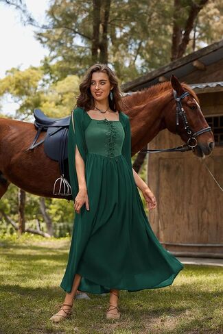 Scarlet Darkness Renaissance Costume Women Lace Up Split Bell Sleeve Medieval Dress in Saudi Arabia