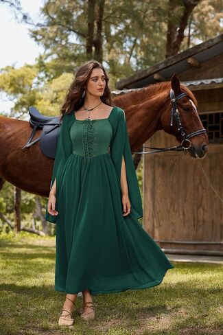 Scarlet Darkness Renaissance Costume Women Lace Up Split Bell Sleeve Medieval Dress in Saudi Arabia