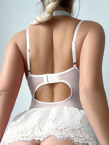 Sexy Choker Corset Underwire Lace Sheer Garter Stockings Babydoll Lingerie Set with Thong 4 Piece Outfits in Kuwait