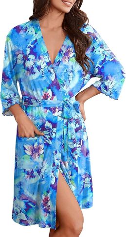 Ekouaer Robes for Women Knee Length Kimono Bathrobe Lightweight 3/4 Sleeve Sleepwear Soft Loungewear with Pockets S-XXL in Saudi Arabia