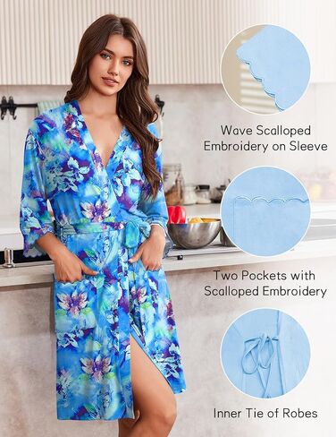 Ekouaer Robes for Women Knee Length Kimono Bathrobe Lightweight 3/4 Sleeve Sleepwear Soft Loungewear with Pockets S-XXL in Saudi Arabia