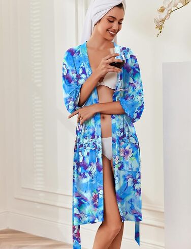Ekouaer Robes for Women Knee Length Kimono Bathrobe Lightweight 3/4 Sleeve Sleepwear Soft Loungewear with Pockets S-XXL in Saudi Arabia