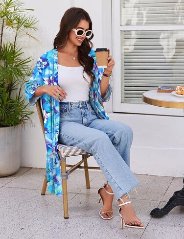 Ekouaer Robes for Women Knee Length Kimono Bathrobe Lightweight 3/4 Sleeve Sleepwear Soft Loungewear with Pockets S-XXL in Saudi Arabia