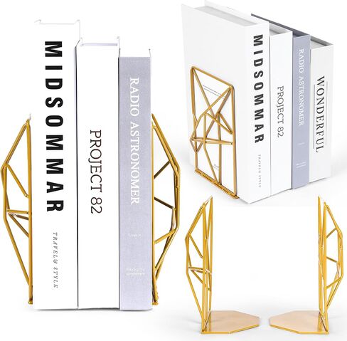 Decorative Geometric Design Gold Metal Bookends for Shelves with Powder Coating Finish – Elegant Non-Skid Lightweight Desktop Book Stand for Office, Home, Room Decor – Set of 2pcs in Saudi Arabia