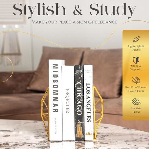 Decorative Geometric Design Gold Metal Bookends for Shelves with Powder Coating Finish – Elegant Non-Skid Lightweight Desktop Book Stand for Office, Home, Room Decor – Set of 2pcs in Saudi Arabia
