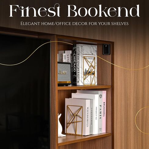 Decorative Geometric Design Gold Metal Bookends for Shelves with Powder Coating Finish – Elegant Non-Skid Lightweight Desktop Book Stand for Office, Home, Room Decor – Set of 2pcs in Saudi Arabia