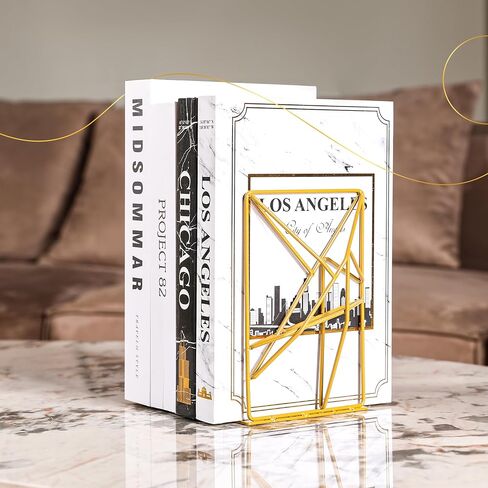 Decorative Geometric Design Gold Metal Bookends for Shelves with Powder Coating Finish – Elegant Non-Skid Lightweight Desktop Book Stand for Office, Home, Room Decor – Set of 2pcs in Saudi Arabia
