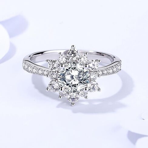 S925 Sterling Silver عباد الشمس تصميم 1 قرص مخالفة الماس | Clarity VVS1 ، D-Color | حلقة وعد الزفاف الساحرة in Saudi Arabia