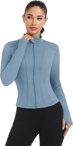 Loovoo Women's Workout Jacket Lightweight Zip Up Athletic Jackets Cropped Slim Fit Running Yoga Tops with Pockets in Kuwait