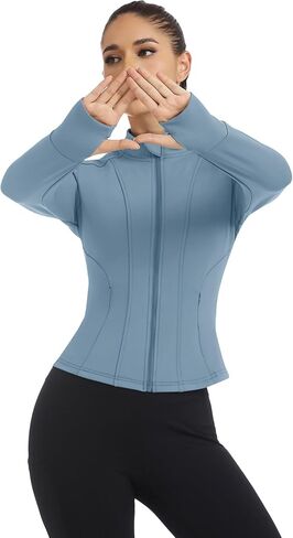 Loovoo Women's Workout Jacket Lightweight Zip Up Athletic Jackets Cropped Slim Fit Running Yoga Tops with Pockets in Kuwait