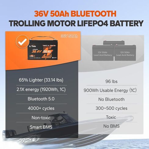 LITIME 36V 50AH محرك BLUETOOTH LOW-TEMP Protection بطارية LifePo4 Buit في 50A BMS ، بطارية فوسفات الحديد الليثيوم العميقة. in Kuwait