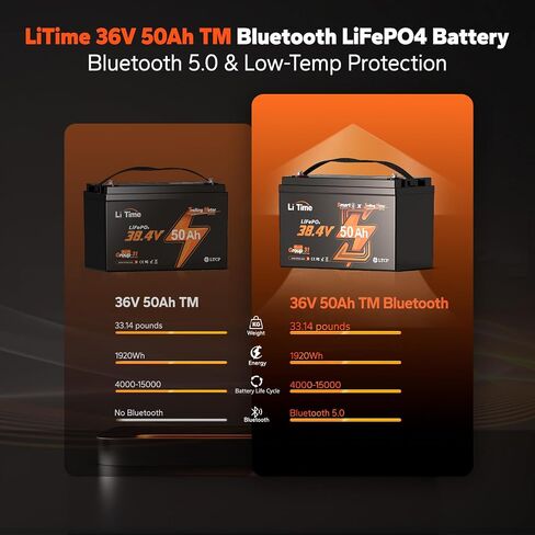 LITIME 36V 50AH محرك BLUETOOTH LOW-TEMP Protection بطارية LifePo4 Buit في 50A BMS ، بطارية فوسفات الحديد الليثيوم العميقة. in Kuwait