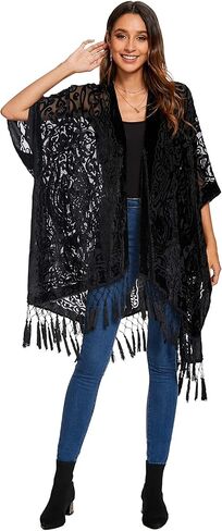WeHello Women's Burnout Velvet Kimono Long Cardigan Cover Up with Tassel Rusty in Saudi Arabia