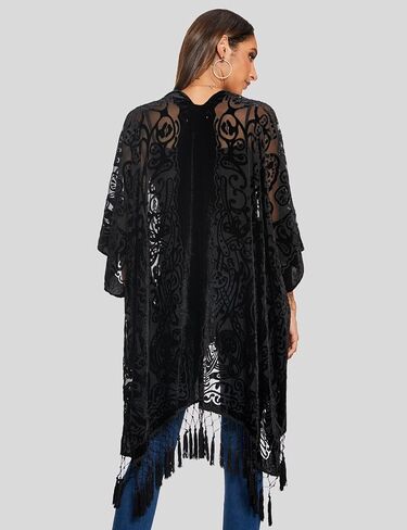 WeHello Women's Burnout Velvet Kimono Long Cardigan Cover Up with Tassel Rusty in Saudi Arabia