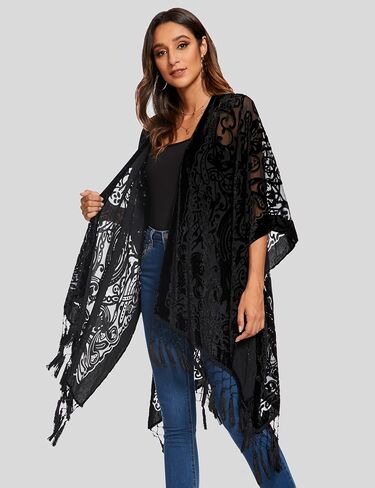 WeHello Women's Burnout Velvet Kimono Long Cardigan Cover Up with Tassel Rusty in Saudi Arabia