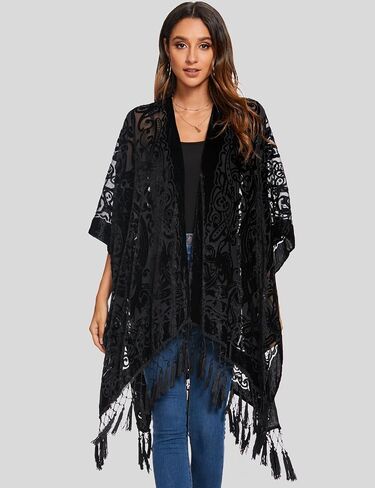 WeHello Women's Burnout Velvet Kimono Long Cardigan Cover Up with Tassel Rusty in Saudi Arabia