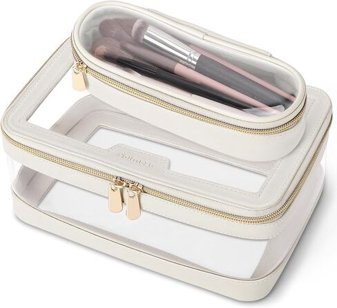 Travel Clear Makeup Bag with Makeup Brush Bag, Leather Make up Case Toiletry Bag, Portable Cosmetic Bag Case, Transparent Waterproof Cosmetic Organizer Storage Bag for Women, Off-White in Kuwait