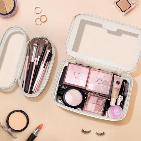Travel Clear Makeup Bag with Makeup Brush Bag, Leather Make up Case Toiletry Bag, Portable Cosmetic Bag Case, Transparent Waterproof Cosmetic Organizer Storage Bag for Women, Off-White in Kuwait