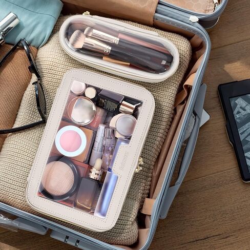 Travel Clear Makeup Bag with Makeup Brush Bag, Leather Make up Case Toiletry Bag, Portable Cosmetic Bag Case, Transparent Waterproof Cosmetic Organizer Storage Bag for Women, Off-White in Kuwait