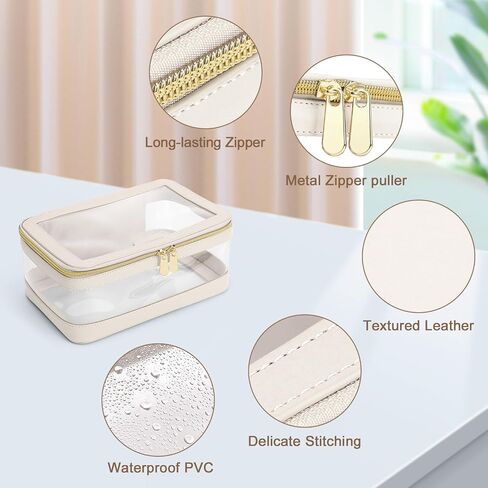 Travel Clear Makeup Bag with Makeup Brush Bag, Leather Make up Case Toiletry Bag, Portable Cosmetic Bag Case, Transparent Waterproof Cosmetic Organizer Storage Bag for Women, Off-White in Kuwait