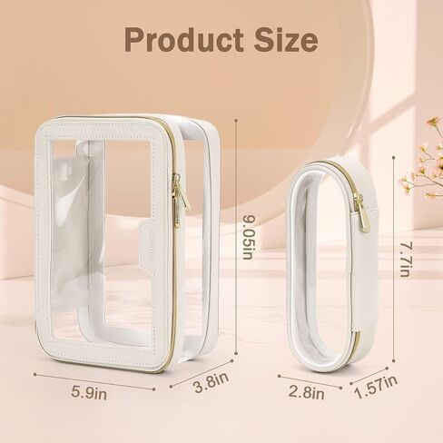 Travel Clear Makeup Bag with Makeup Brush Bag, Leather Make up Case Toiletry Bag, Portable Cosmetic Bag Case, Transparent Waterproof Cosmetic Organizer Storage Bag for Women, Off-White in Kuwait