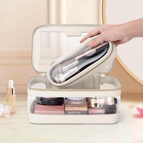 Travel Clear Makeup Bag with Makeup Brush Bag, Leather Make up Case Toiletry Bag, Portable Cosmetic Bag Case, Transparent Waterproof Cosmetic Organizer Storage Bag for Women, Off-White in Kuwait